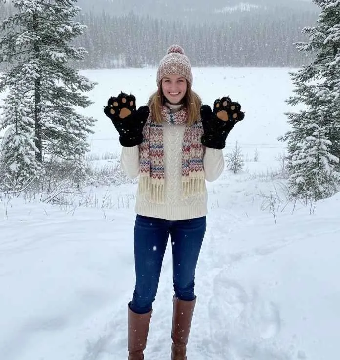 Black Soft Plush Bear Paw Gloves