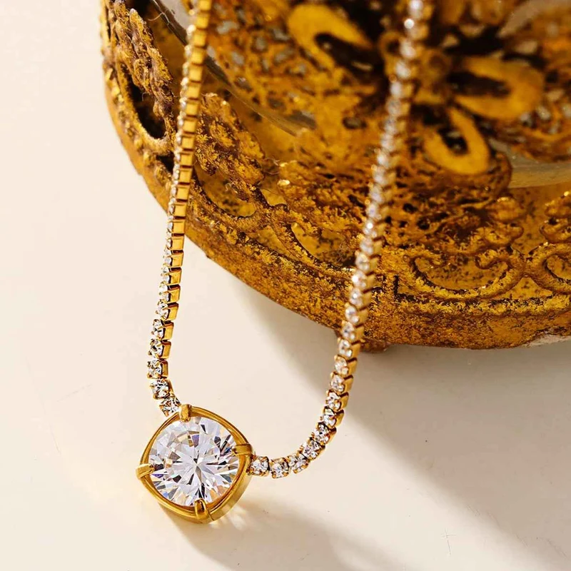 AURA: Bezel-Set Zirconia Pendant on a Mini-Zirconia Beaded Chain Necklace