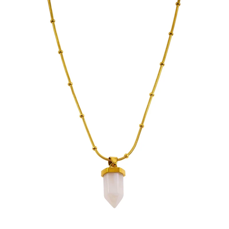 MAKEDA: Amethyst Stone Pendant Anchored on a Beaded Snake Skin Textured Chain Necklace