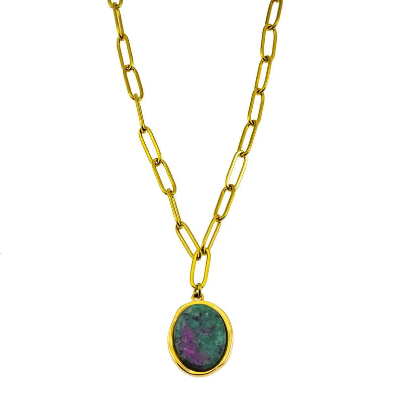ASAMI Gold: Contemporary Paperclip Chain anchoring a Ruby Zoisite Oval Pendant