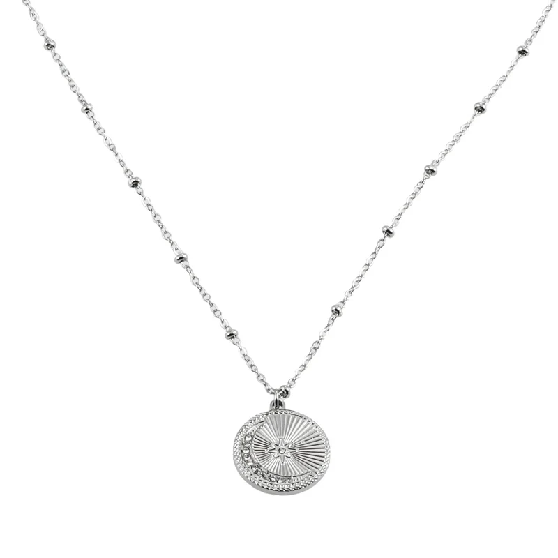 AMASA: Beaded Chain with Star & Pavé Crescent Moon Zirconia Charm - Silver