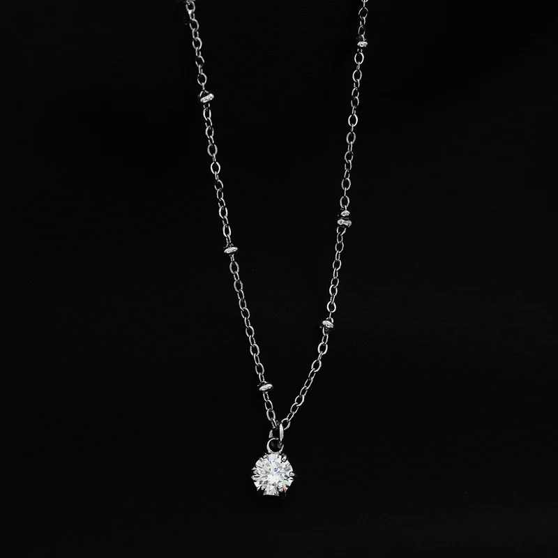 KADIRI Silver: Solitaire Zirconia Charm Pendant on a Beaded Chain Necklace