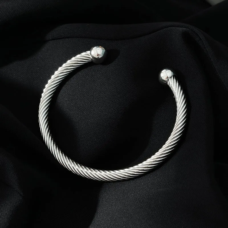 GOCHAR: Contemporary Elegance - White Gold ( Silver Toned) Bracelet with Surface Lines & Ball Bead Accents