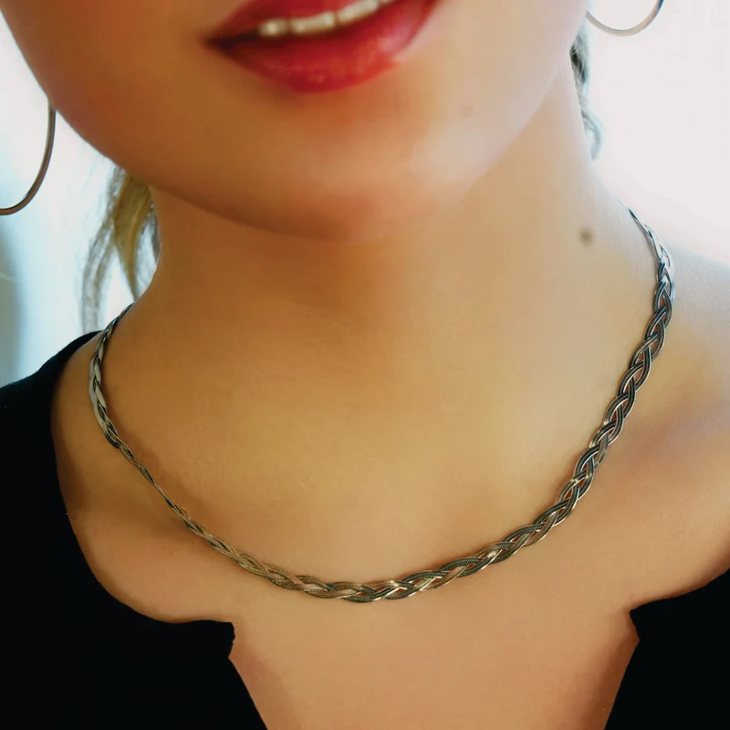 TARA White Gold (Silver Toned): Intertwined Herringbone Snake Skin Textured Necklace.